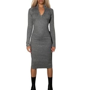 Women Grey Knit Dress High Neck Zipper (USA 8)
